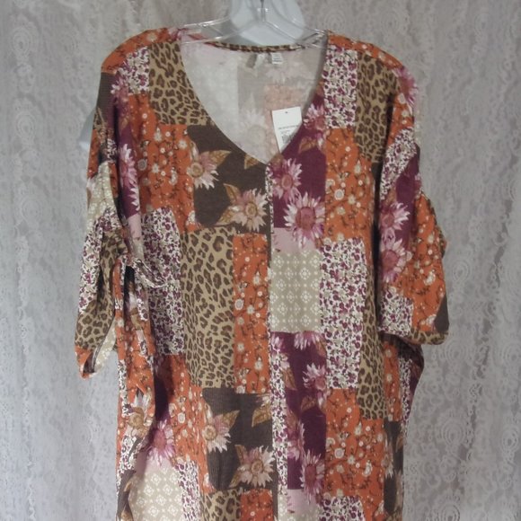 Patchwork Summer Top Floral Jungle Print Wine Tan Size XL - Picture 1 of 4